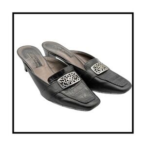 Brighton Black Croc Steph Embossed Leather Mules Heels‎ Slip On Shoes Womens 8